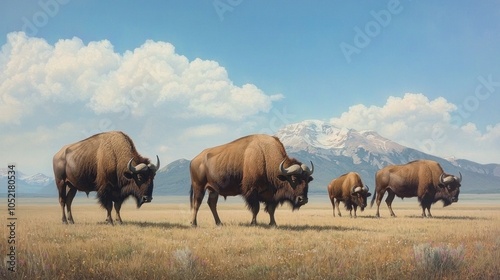 Expansive grasslands with gentle rolling hills and majestic bison under a clear blue sky