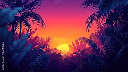 Majestic Tropical Sunset with Palms in Vibrant Colors