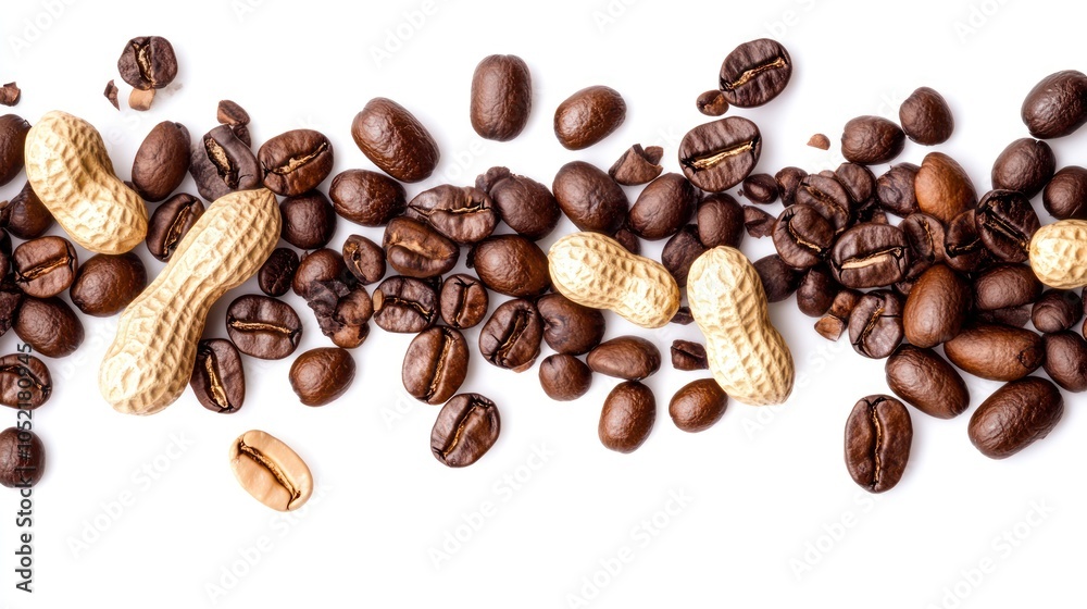 Obraz premium A mix of peanuts and coffee beans arranged on a white background.