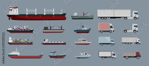 Truck, semi van vehicles, delivery logistic car, industry freight ship set cartoon. Cargo vessels and tankers shipping delivery icon