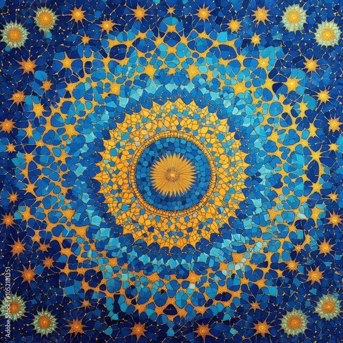 A vibrant blue and gold mandala radiates intricate patterns and warmth, capturing the essence of cosmic harmony and tranquility