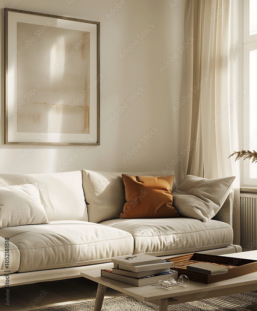Fototapeta premium Frame mock up on Living Room, Minimalist Corner with Soft Shadows and Artistic Decor- Generative Ai