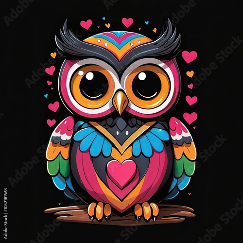 A colorful cartoon owl with big, cute eyes sits on a branch, surrounded by hearts photo