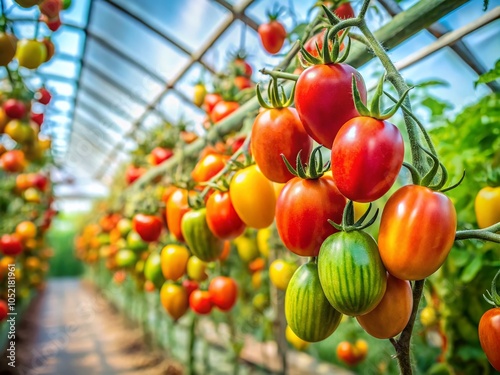 Vibrant Multicolored Triangular Tomatoes in Autumn Greenhouse Harvest for Organic Vegan Products