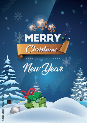 vector christmas and new year greeting card on snowy background