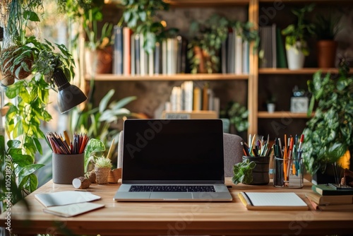 A cozy home office desk setup featuring a laptop, notebooks, and lush greenery for inspiration