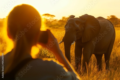 Close up of an elephant at golden hour  a tourist s perspective in the african savannah safari photo