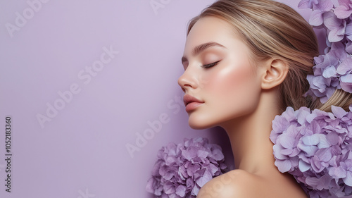 Woman with eyes closed with bouquet of flowers, beauty and skincare concept natural makeup, lilac space with copy space