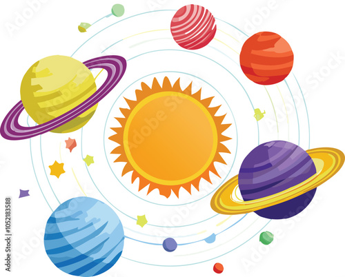 minimalistic solar system imaginary cartoon-like vector isolated