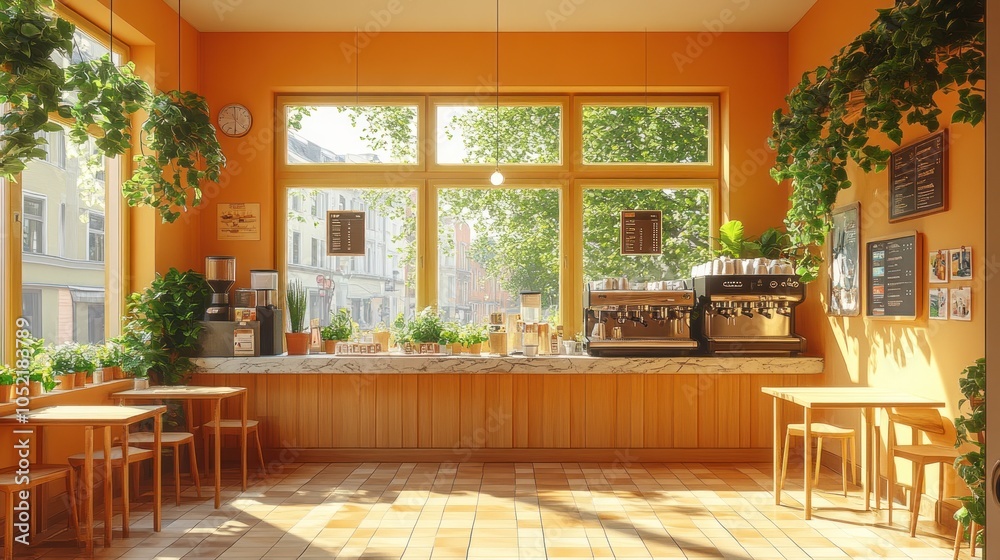 A cozy coffee shop with large windows, wooden furniture, and green plants. A cozy coffee shop with large windows, wooden furniture, and green plants.
