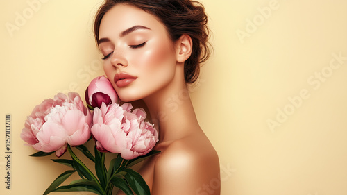 Beautiful calm woman with clean, fresh skin holds a bouquet of peonies on pastel yellow background with copy space, photo