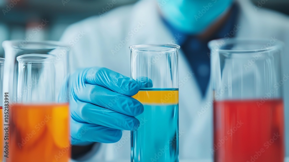 A scientist in a lab coat holds a blue solution in a test tube, surrounded by colorful liquids, showcasing a hands-on experiment. A scientist in a lab coat holds a blue solution in a test tube, surrounded by colorful liquids, showcasing a hands-on experiment.