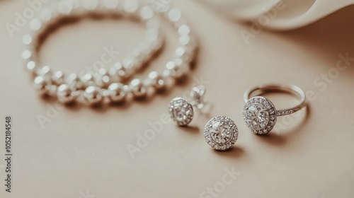 Elegant diamond ring, earrings, and bracelet on a neutral background.