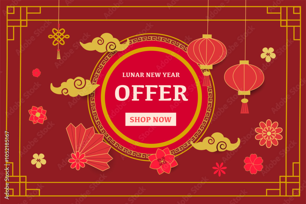 Naklejka premium Stylish banner with oriental flowers, lucky symbols, and lanterns. A perfect choice for celebratory New Year promotions.