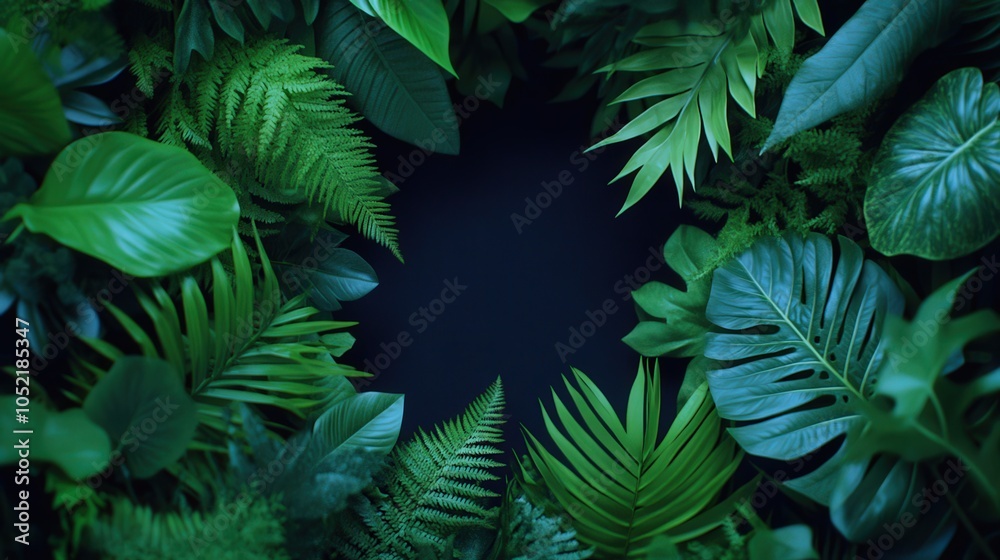 Fototapeta premium Lush Tropical Leaves Frame on Dark Background Nature Photography