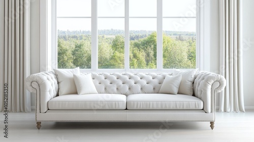 Sophisticated living room featuring a white chesterfield sofa with plush cushions, framed by an expansive window view.