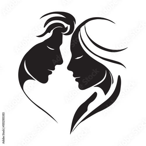 A silhouette of a romantic couple face On white background. A lovely couple face in heart shape