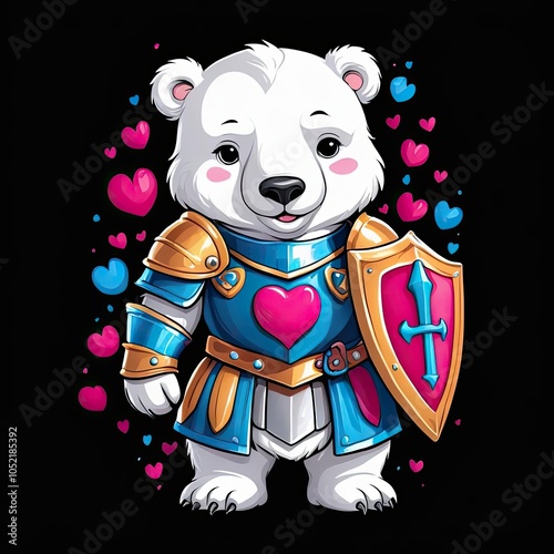 A cute polar bear dressed as a knight stands proudly with a shield and a heart on its chest, surrounded by small hearts photo