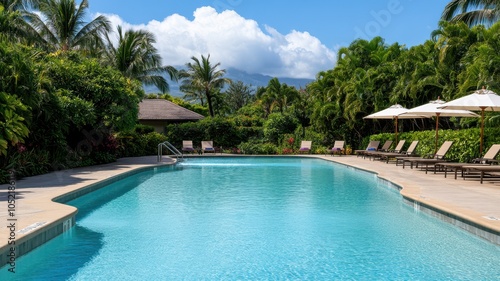 Serene poolside view surrounded by lush greenery and blue skies, perfect for relaxation and leisure in a tropical paradise.