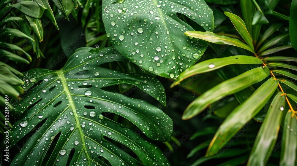 Fototapeta premium Tropical Leaf Reflections, water droplets glisten on broad green leaves, capturing the lush vibrancy of the surrounding flora in a serene, tranquil moment.