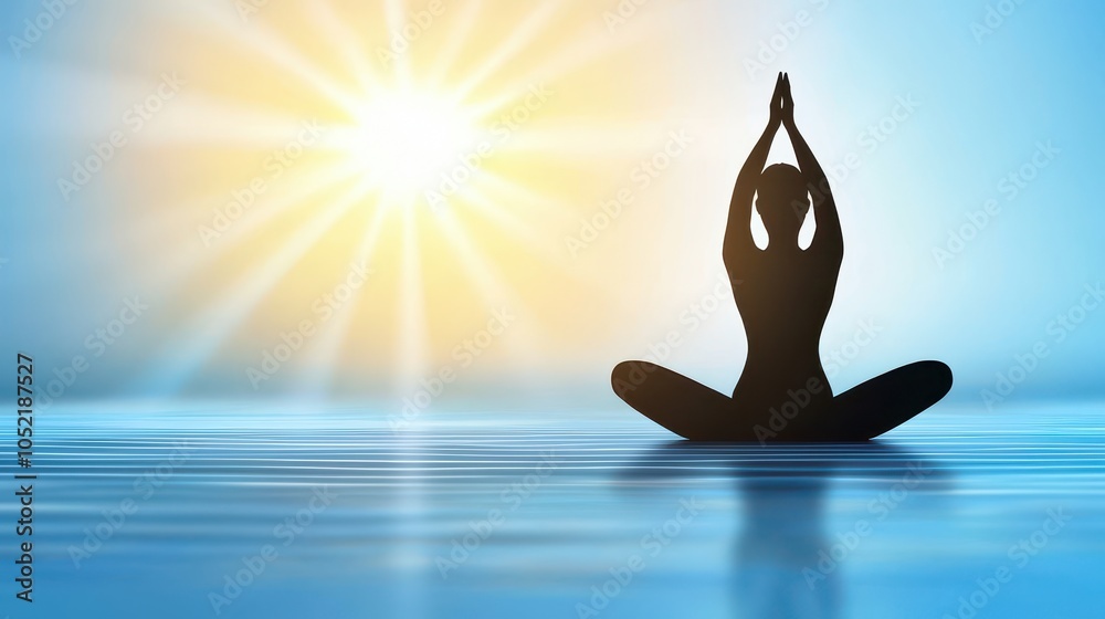 A serene silhouette of a person practicing yoga by calm waters under a bright sun, symbolizing peace and mindfulness. A serene silhouette of a person practicing yoga by calm waters under a bright sun, symbolizing peace and mindfulness.