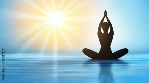 A serene silhouette of a person practicing yoga by calm waters under a bright sun, symbolizing peace and mindfulness.