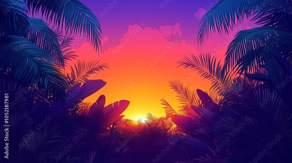 Obraz premium A Beautiful Tropical Sunset Scene Surrounded by Palm Trees