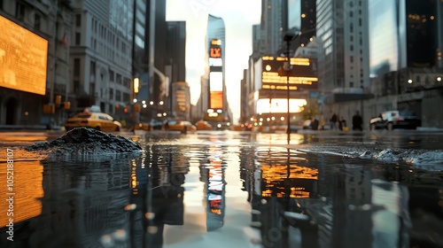 Financial district under water, sinking skyscrapers with the stock market ticker partially visible