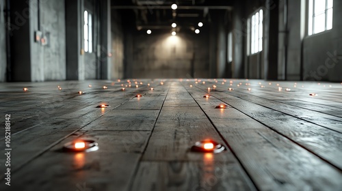 Glowing red warning signals on the floor of a dark stock exchange, abandoned by traders photo