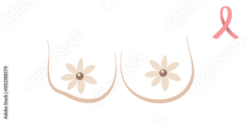 Breast cancer awareness icon. Woman breast line illustration with flower like nipples and pink ribbon vector illustration