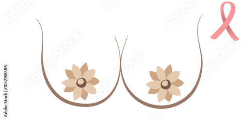 Breast cancer awareness icon. Woman breast line illustration with flower like nipples and pink ribbon vector illustration