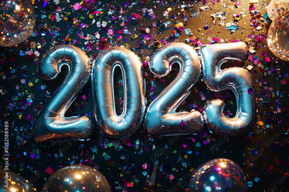 Le mot « 2025 » est composé de ballons argentés, entourés de confettis et de banderoles dans les airs la nuit Le mot « 2025 » est composé de ballons argentés, entourés de confettis et de banderoles dans les airs la nuit