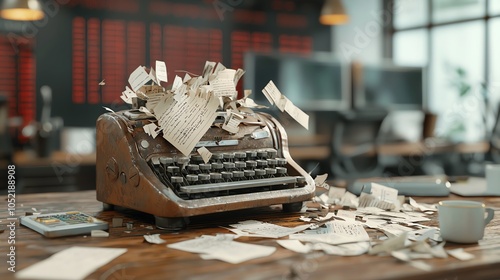 Oldfashioned stock ticker machine malfunctioning, spewing out torn paper amid a backdrop of red graphs photo