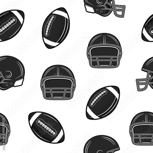 American Football Background. American Football seamless pattern. Vintage football helmet and ball isolated on white background. Vector illustration