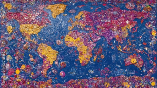 A colorful artistic representation of the world map using vibrant textures and colors.
