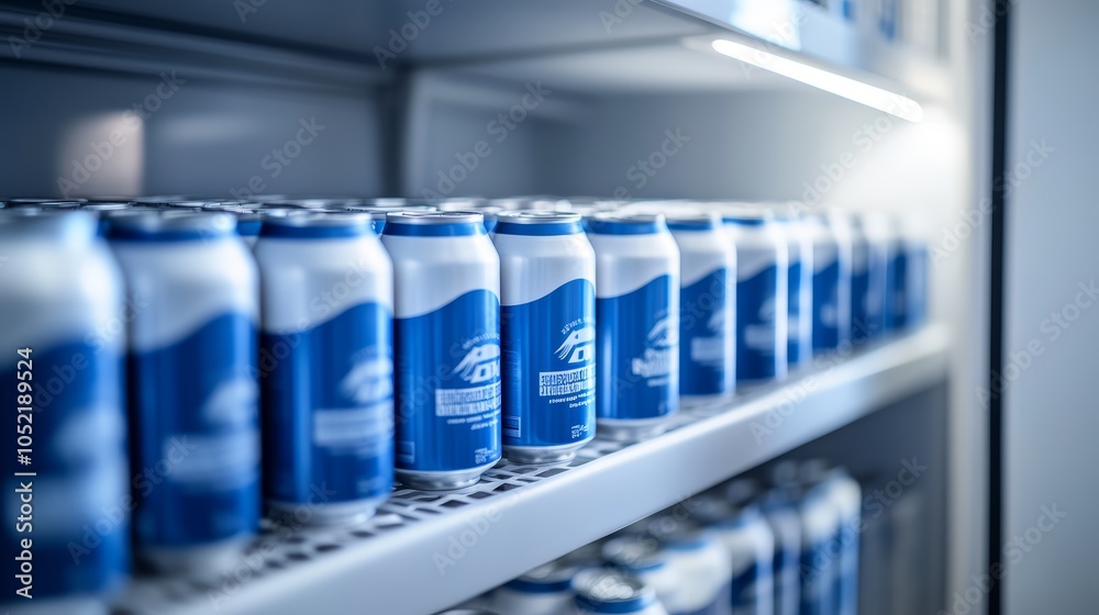 Cans of soda neatly arranged in a modern refrigerator with a blue color theme. Cans of soda neatly arranged in a modern refrigerator with a blue color theme.