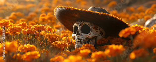 Mexican skeleton with sugar skull makeup and sombrero hat in marigold flowers field. Traditional calaca heads for Day of dead celebration. Dia de los muertos traditional carnival style. S photo