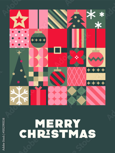 Geometric Christmas Card with Colorful Holiday Symbols and Merry Christmas Text