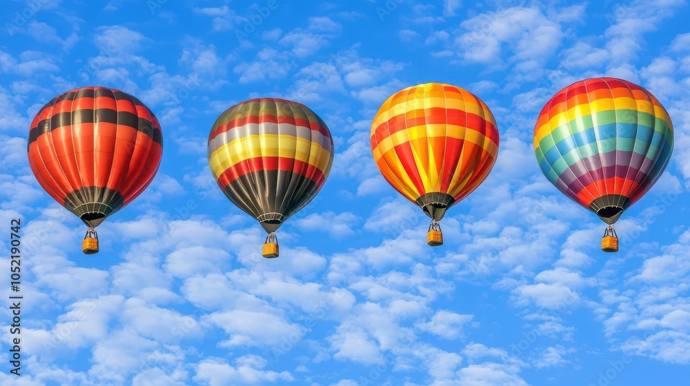 Obraz premium Colorful hot air balloons float in a bright blue sky scattered with fluffy clouds.
