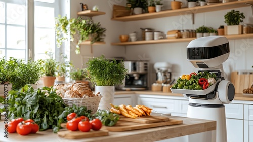 Sleek Robot Delivering Groceries in Modern Kitchen