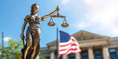 Closeup of Themis statue with American flag and court building in the background. Concept of law and justice photo