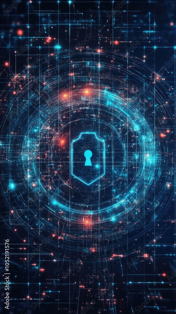 Obraz premium Digital lock symbol surrounded by glowing circuits, representing cybersecurity and data protection in a futuristic setting.