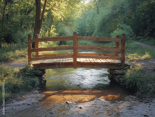 Sunlit Rustic Bridge Over Serene Stream, Warm light enhances the wooden structure, surrounded by tranquil nature and gentle water flow. photo