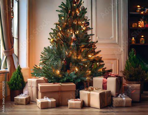 presents surround festive evergreen tree home holiday season