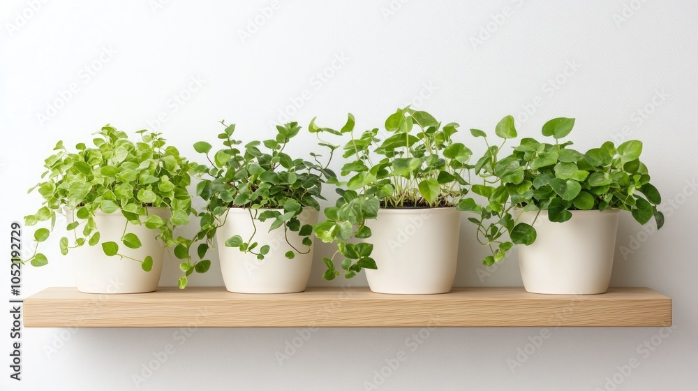 Four potted plants on a wooden shelf against a white wall. Four potted plants on a wooden shelf against a white wall.