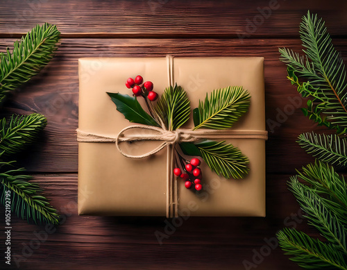 rustic christmas gift box features natural elements like green branches berries wooden background space added text photo