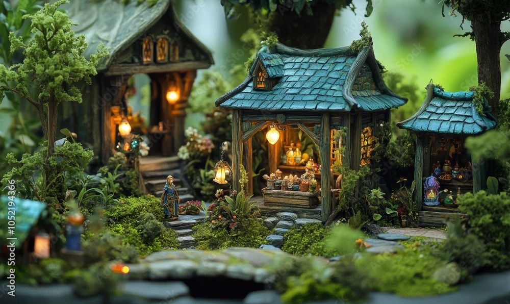Obraz premium A miniature fairytale village with glowing lights.