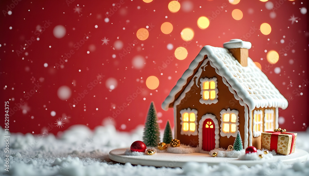 Fototapeta premium Vibrant red background with a gingerbread house and candy canes, space for text on the right side, falling snow, ornaments, gift boxes