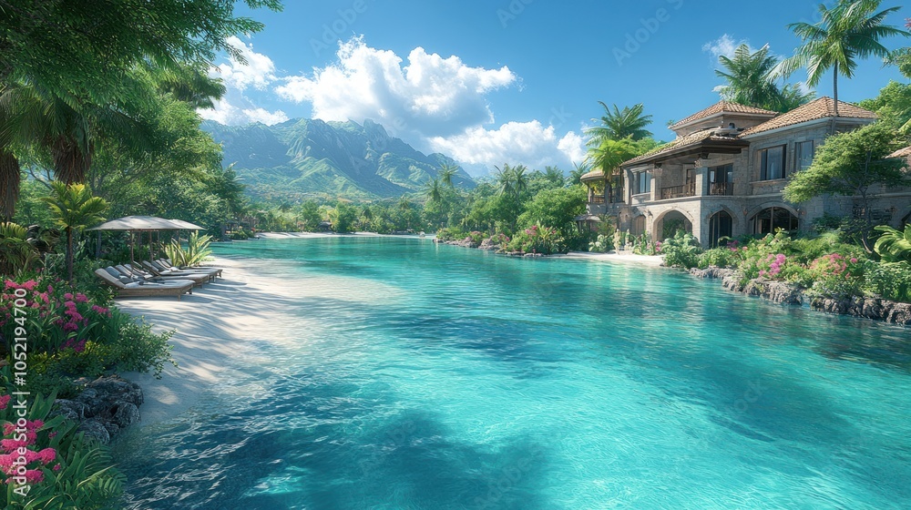 Obraz premium Tropical paradise with a serene lagoon and luxurious villa.