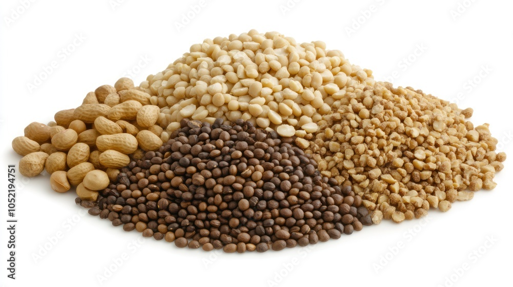 A variety of nuts and seeds arranged in piles for culinary use. A variety of nuts and seeds arranged in piles for culinary use.
